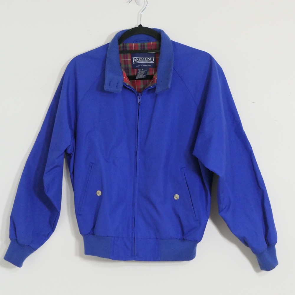 Lands End Women Harrington Jacket M Blue Plaid Lined Vintage Preppy Retro Bomber